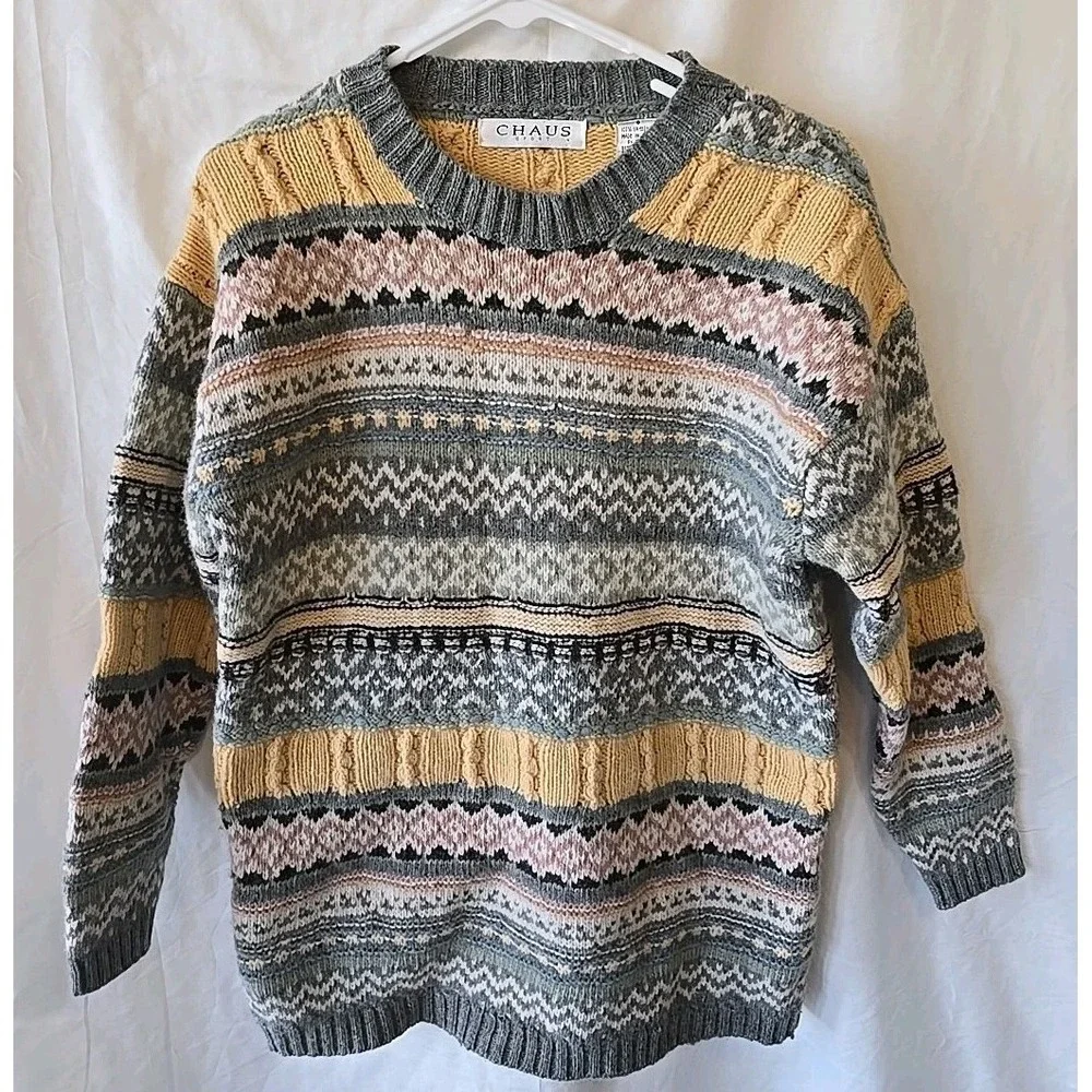 CHAUS Sport Womens S 100% Lambswool Pink Gray Yellow Stripe‎ Pullover Sweater